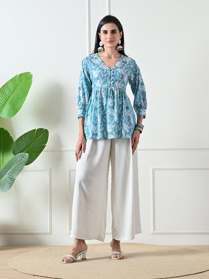 Light Blue printed Flared Top