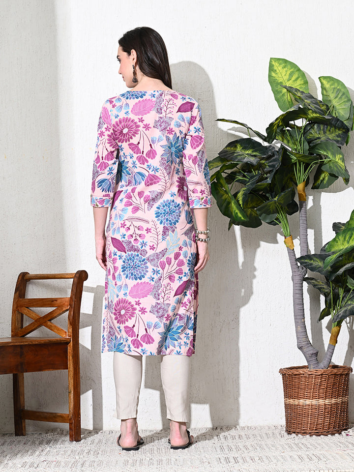 Pink Floral Printed V-neck Kurta