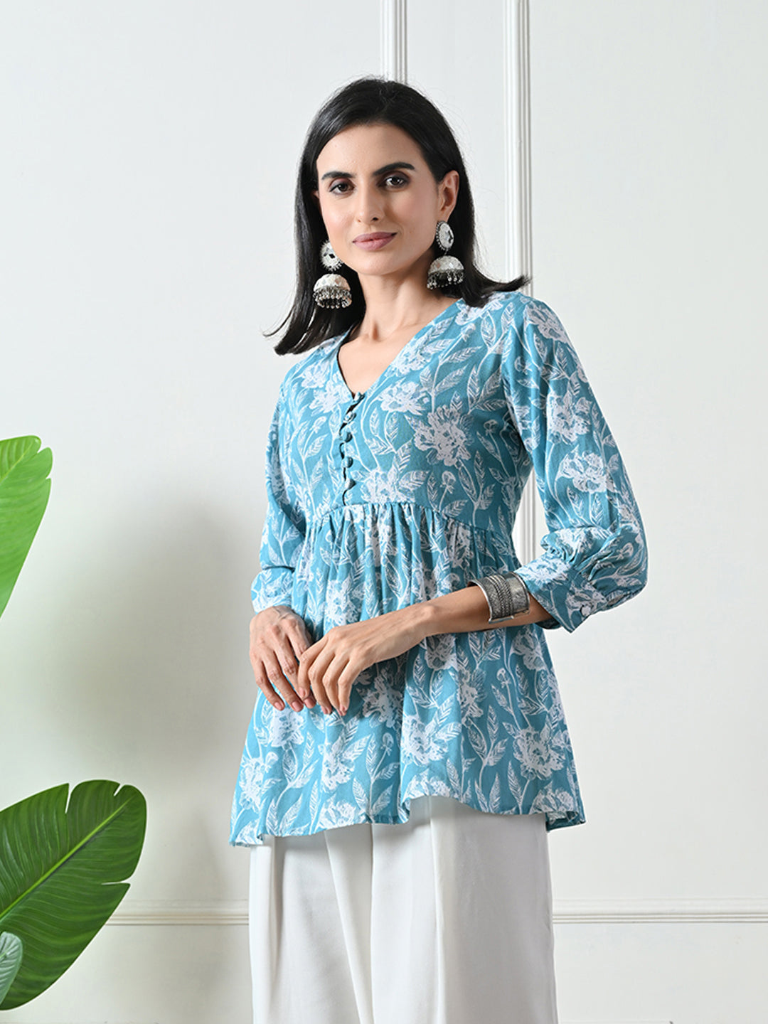 Light Blue printed Flared Top