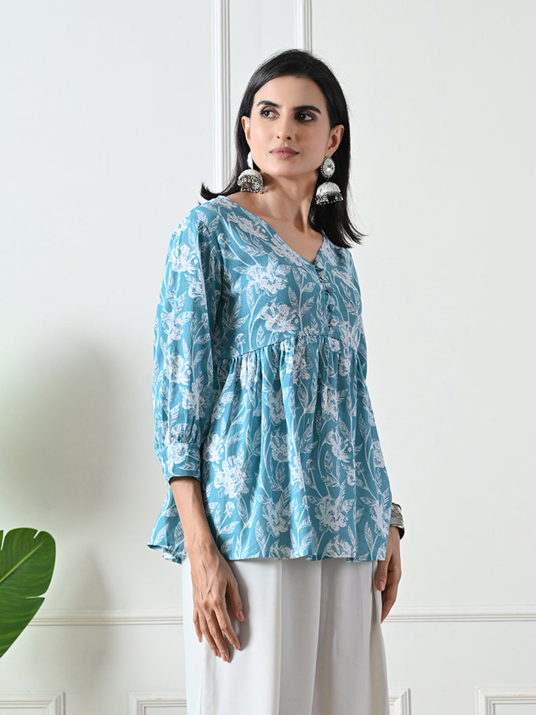 Light Blue printed Flared Top