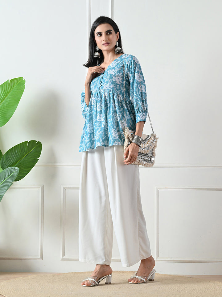 Light Blue printed Flared Top