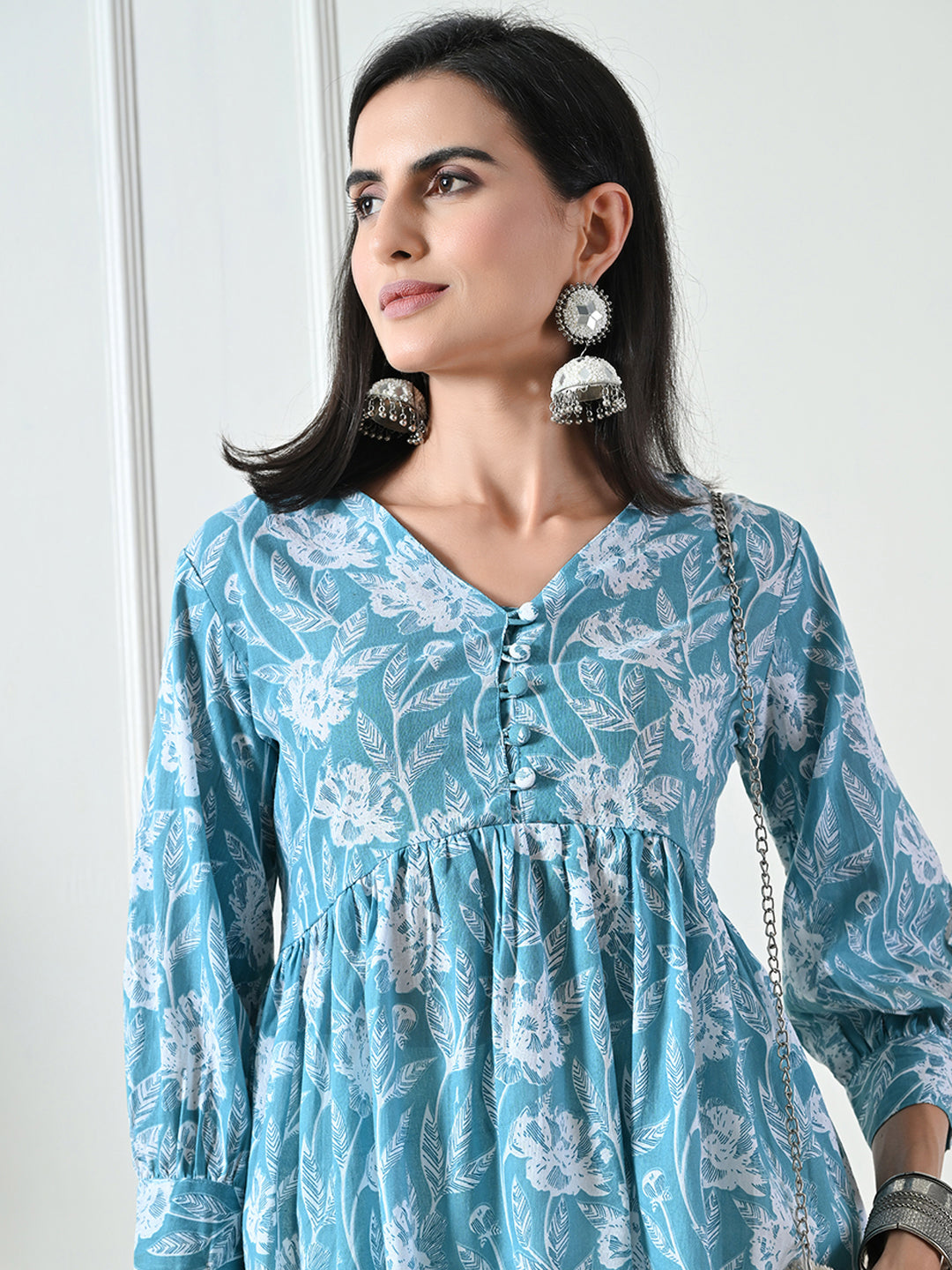 Light Blue printed Flared Top