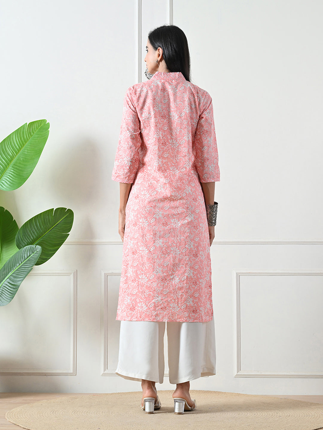 Pink Block Print Straight Cotton Kurta