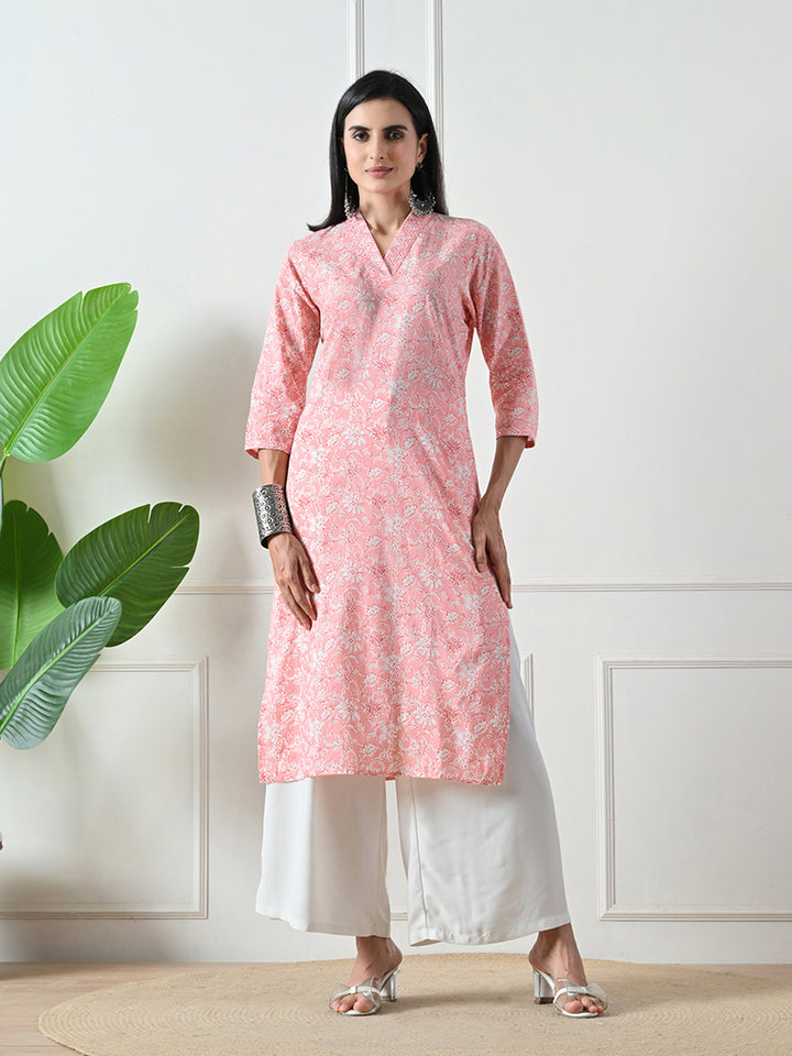 Pink Block Print Straight Cotton Kurta