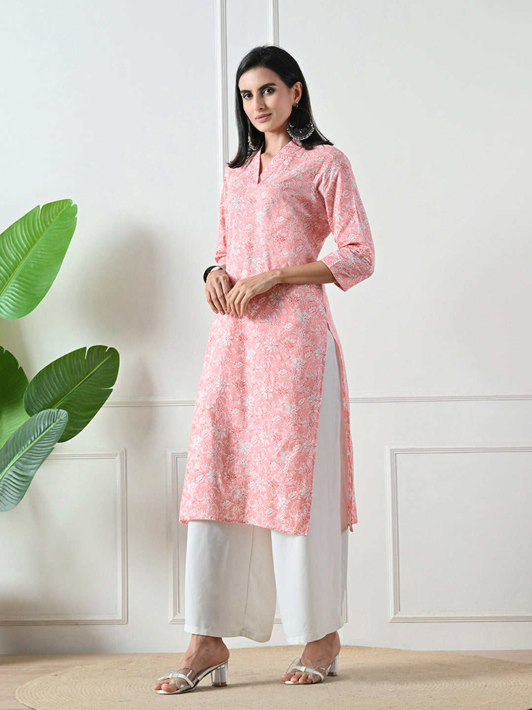 Pink Block Print Straight Cotton Kurta