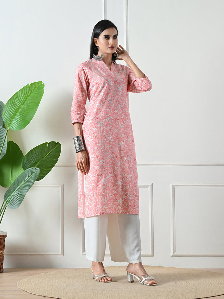 Pink Block Print Straight Cotton Kurta
