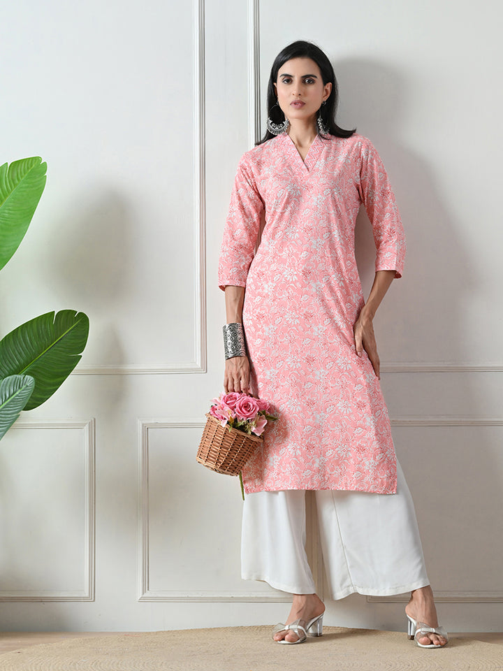 Pink Block Print Straight Cotton Kurta