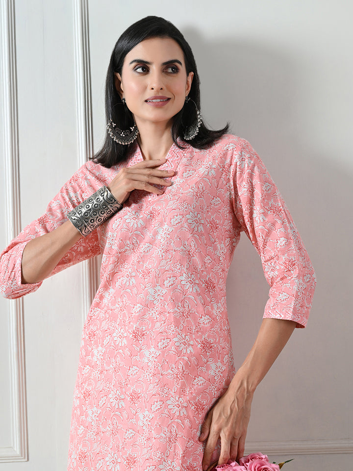 Pink Block Print Straight Cotton Kurta