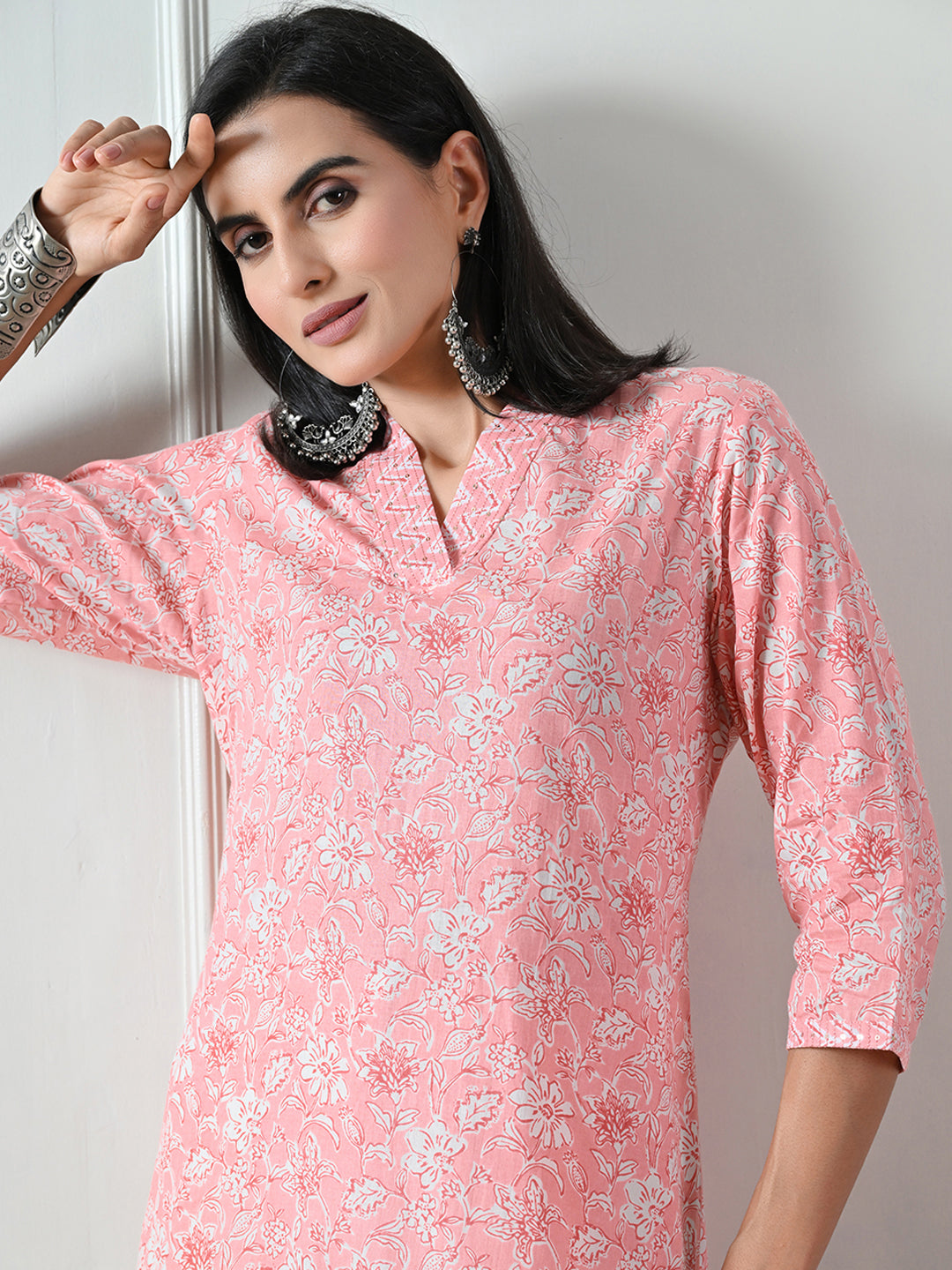 Pink Block Print Straight Cotton Kurta