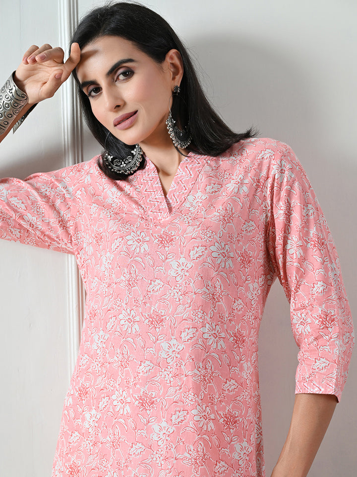 Pink Block Print Straight Cotton Kurta