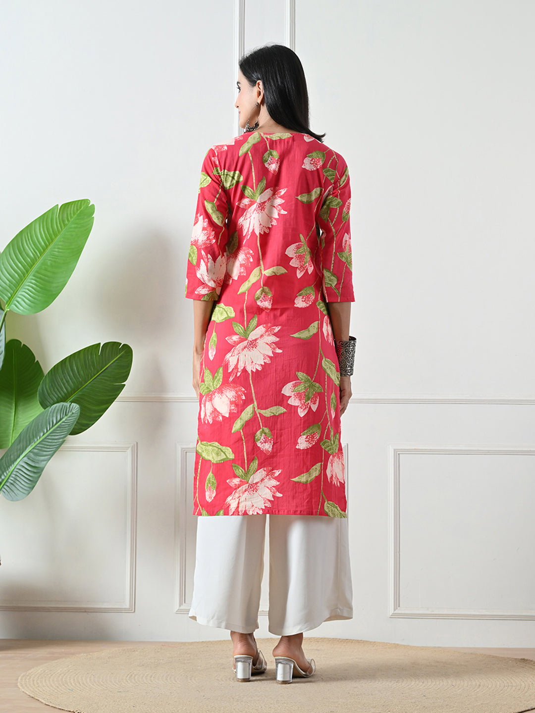 Red Floral Print V-neck Cotton Kurta