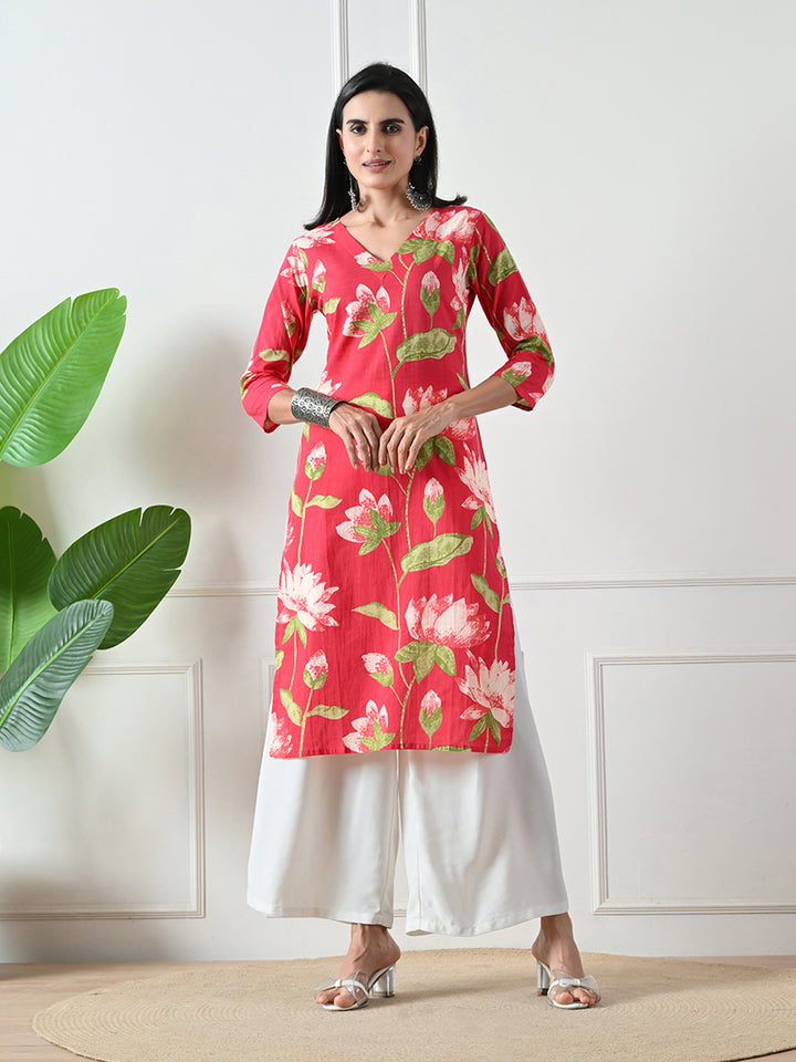 Red Floral Print V-neck Cotton Kurta