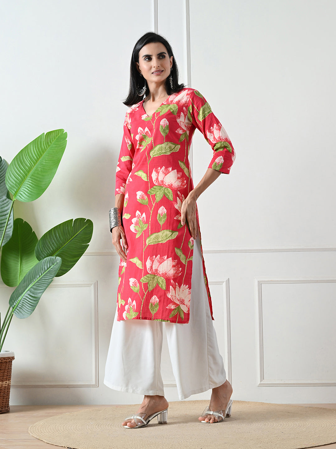 Red Floral Print V-neck Cotton Kurta