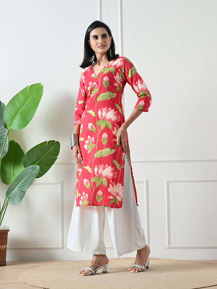 Red Floral Print V-neck Cotton Kurta