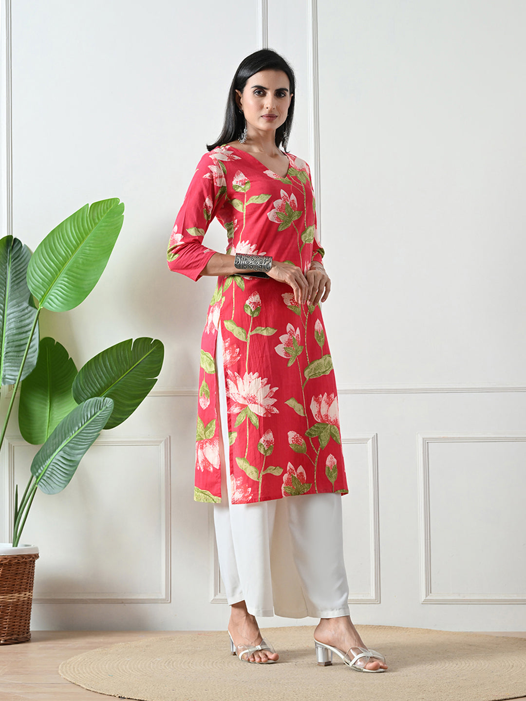 Red Floral Print V-neck Cotton Kurta
