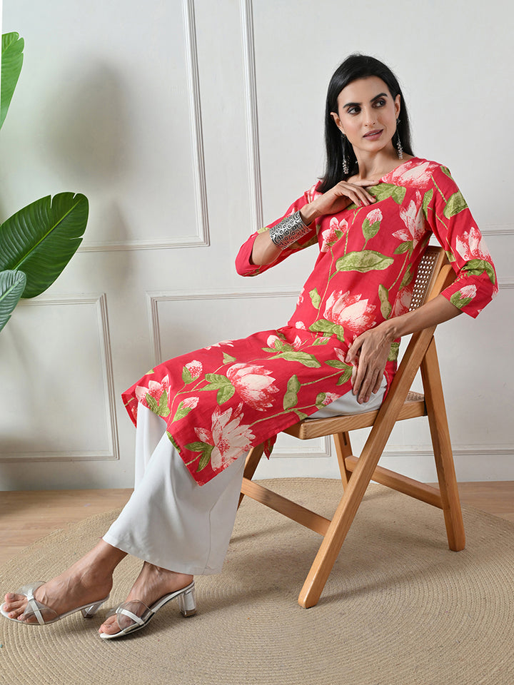 Red Floral Print V-neck Cotton Kurta