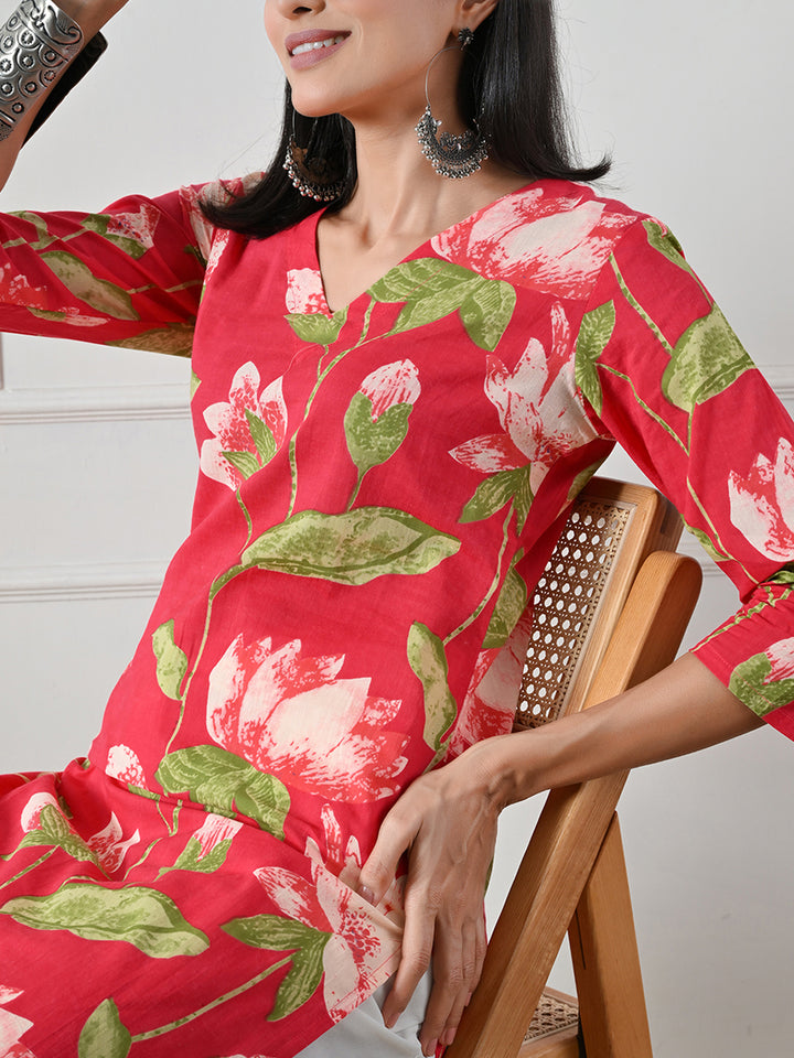 Red Floral Print V-neck Cotton Kurta