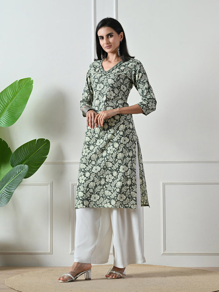 Dark Green Block Print Kurta
