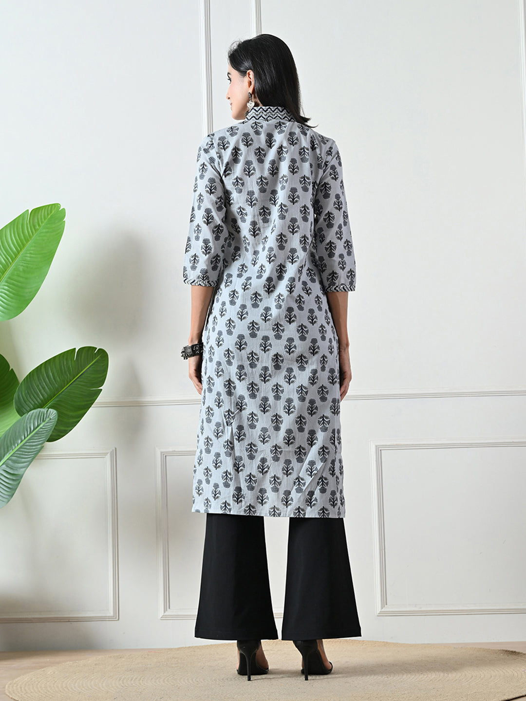 Grey Block Print Straight Cotton Kurta