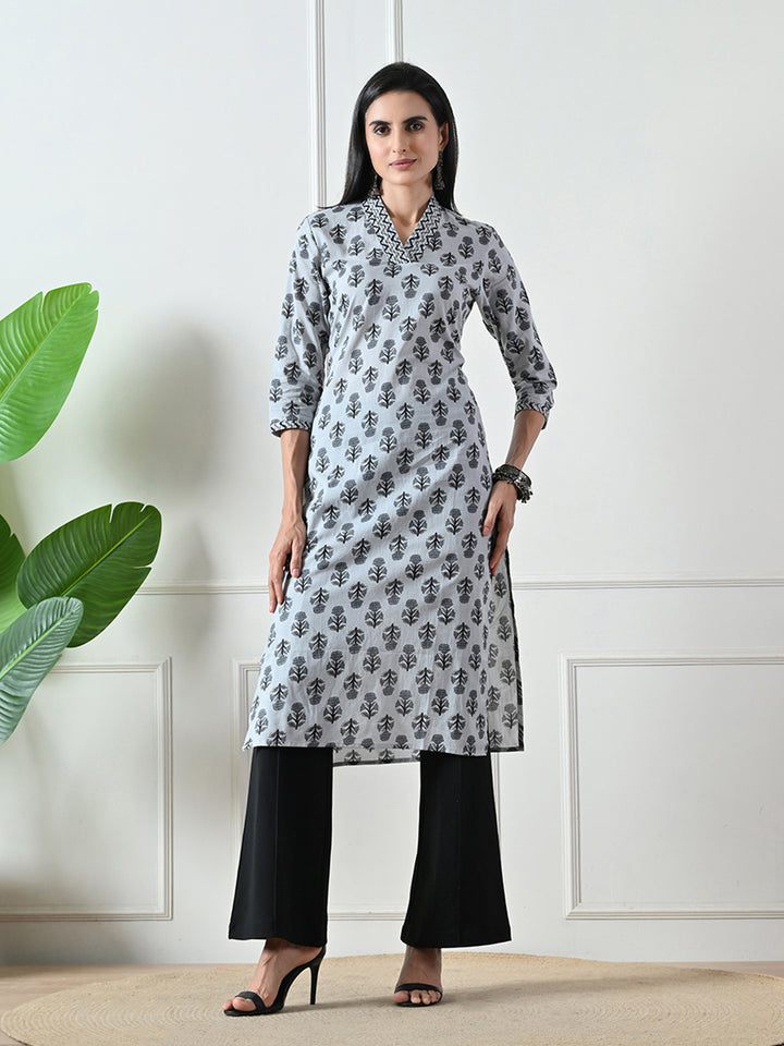 Grey Block Print Straight Cotton Kurta