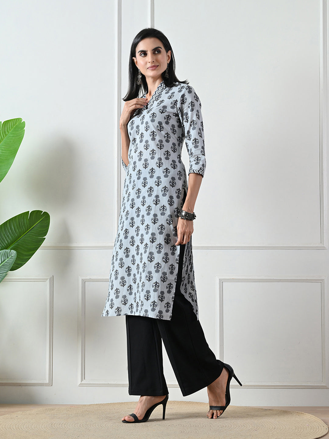 Grey Block Print Straight Cotton Kurta