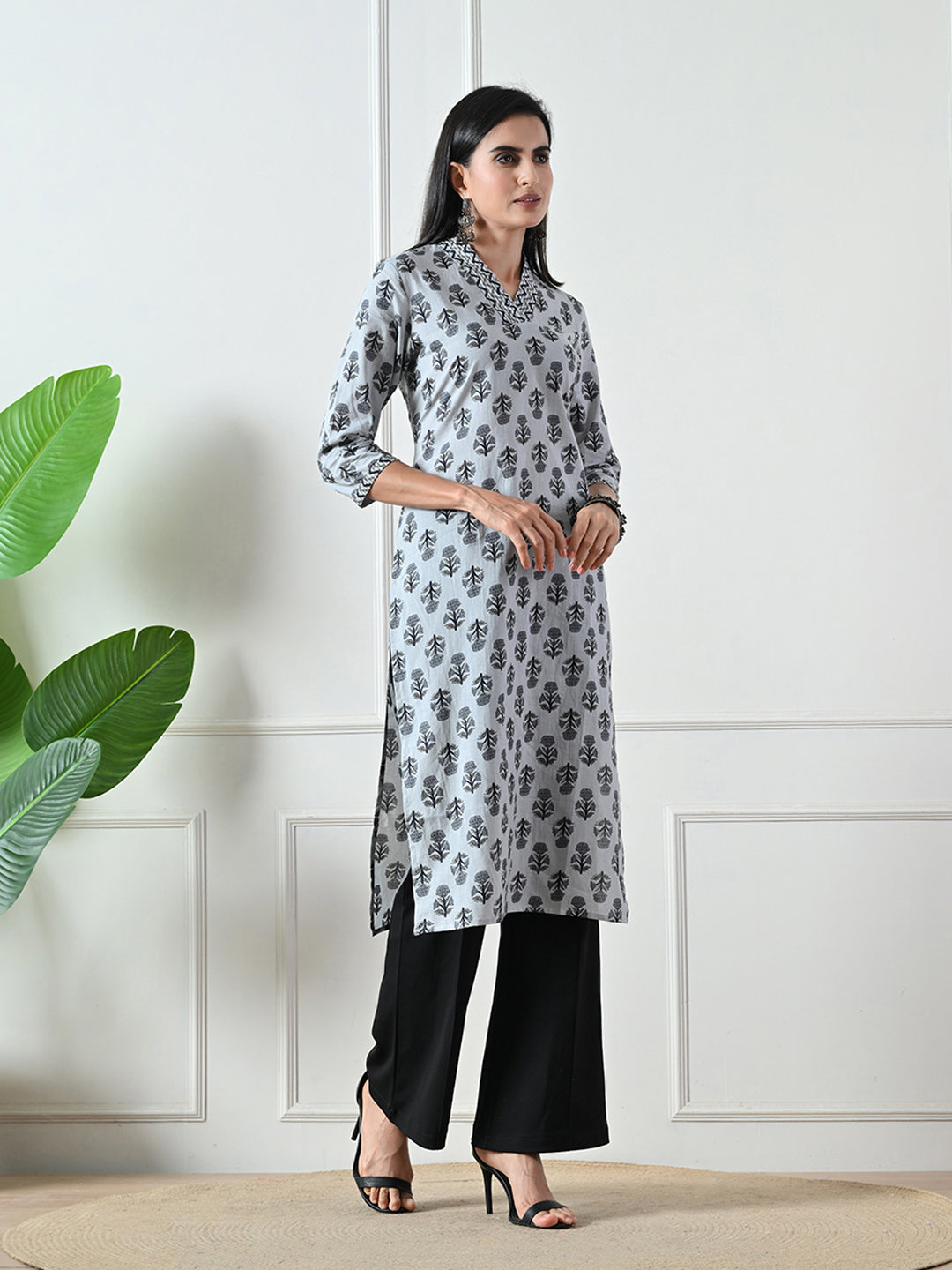 Grey Block Print Straight Cotton Kurta