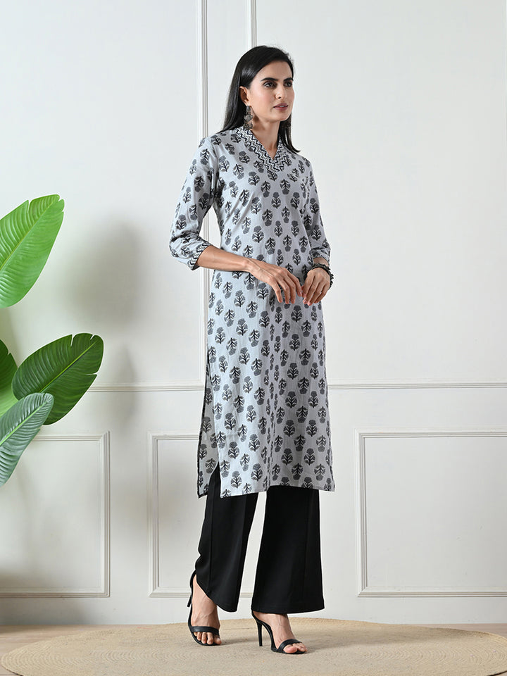 Grey Block Print Straight Cotton Kurta