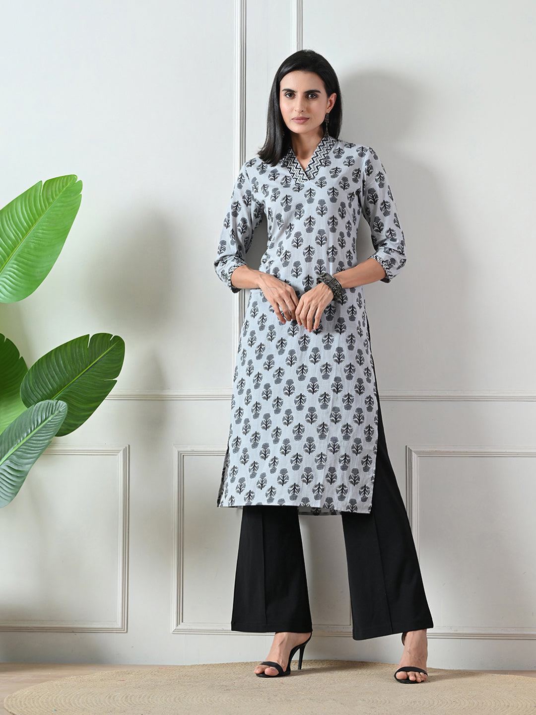 Grey Block Print Straight Cotton Kurta