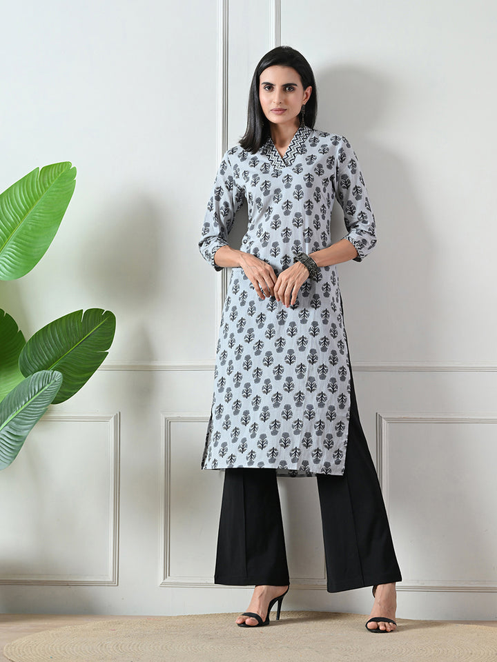 Grey Block Print Straight Cotton Kurta
