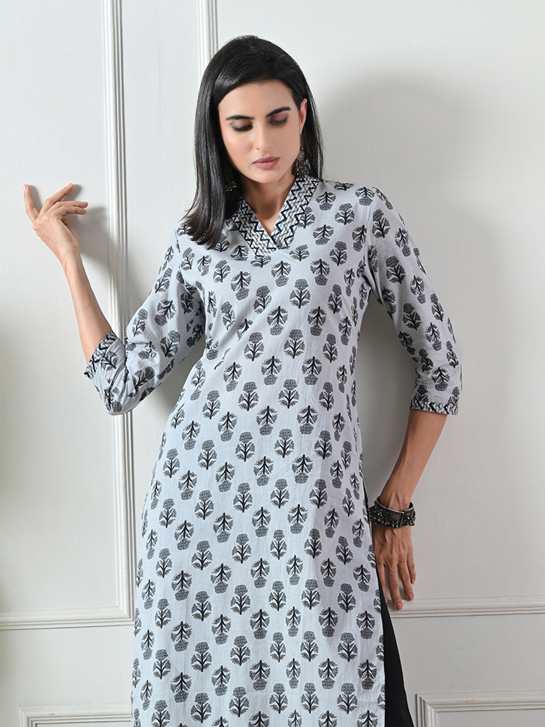 Grey Block Print Straight Cotton Kurta