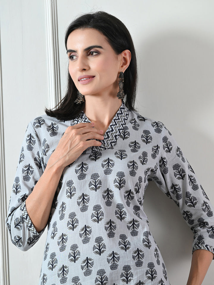 Grey Block Print Straight Cotton Kurta