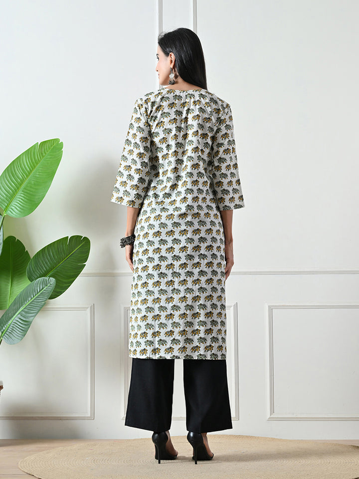 White Jaipuri print Cotton Kurta