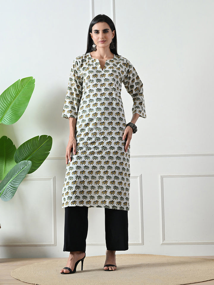 White Jaipuri print Cotton Kurta