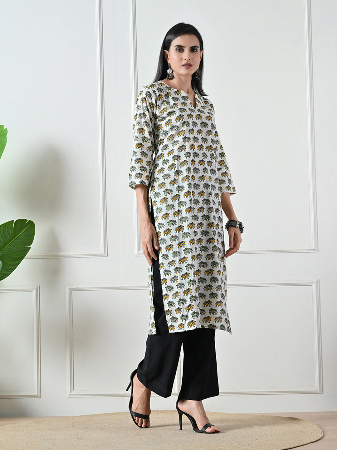 White Jaipuri print Cotton Kurta