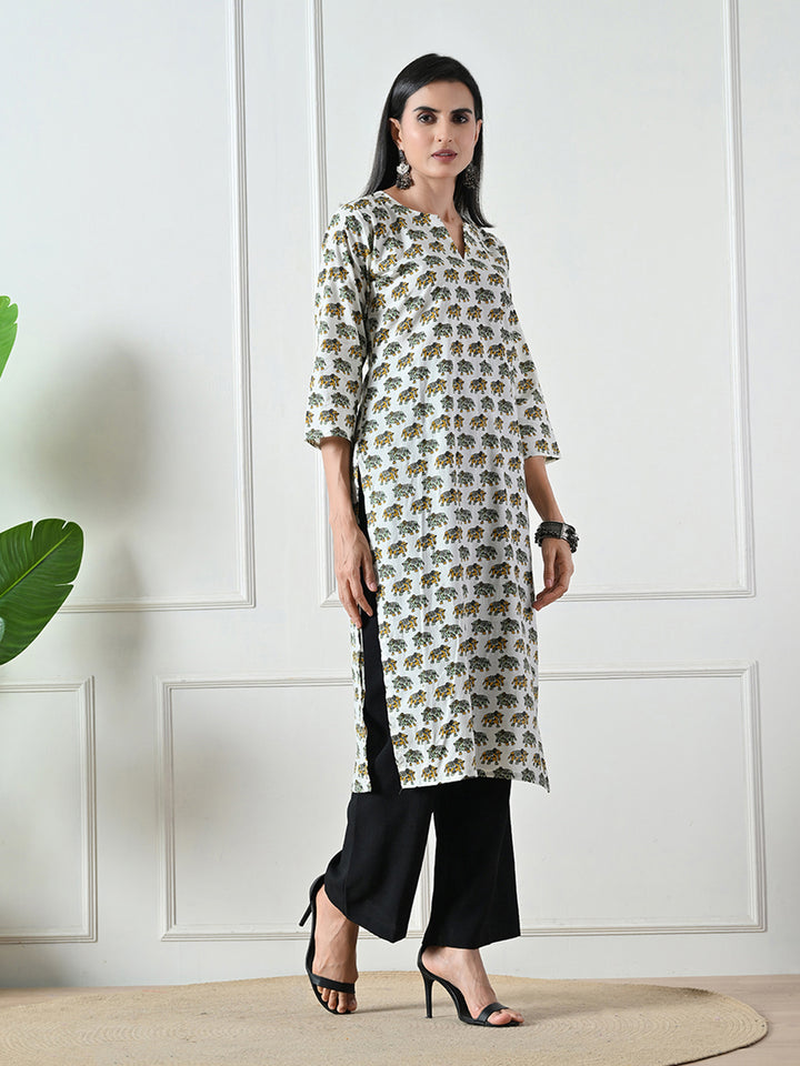 White Jaipuri print Cotton Kurta