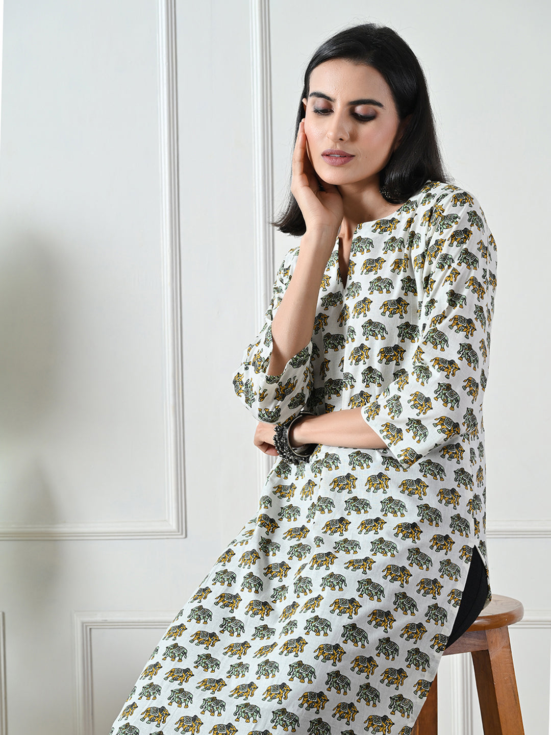 White Jaipuri print Cotton Kurta