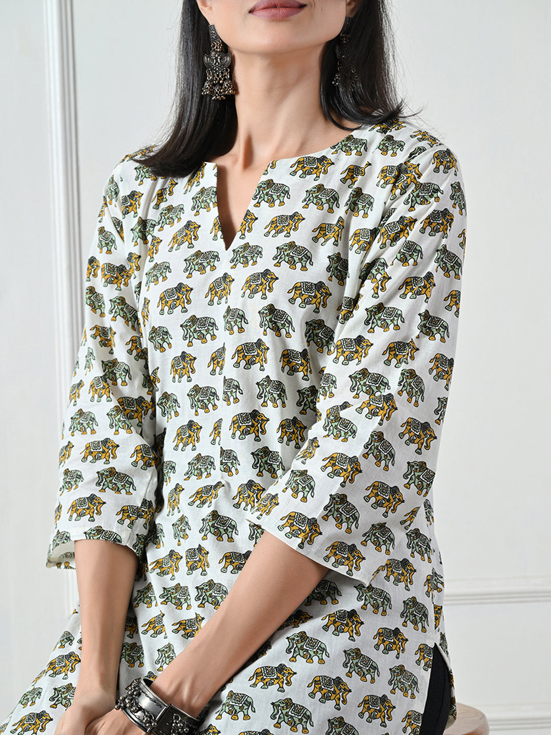 White Jaipuri print Cotton Kurta