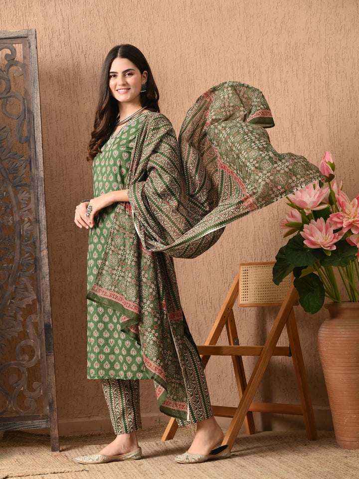 Green Floral V-Neck Kurta Sets