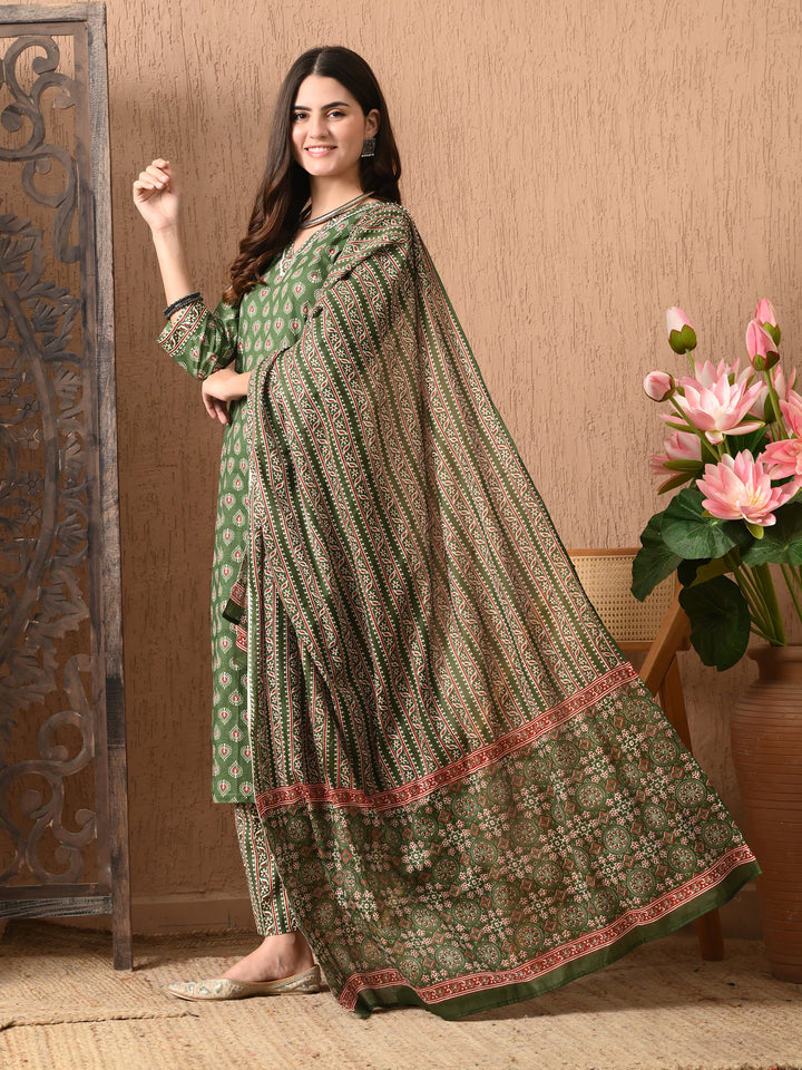 Green Floral V-Neck Kurta Sets