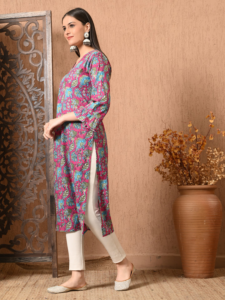 Pink Floral print Cotton Kurta