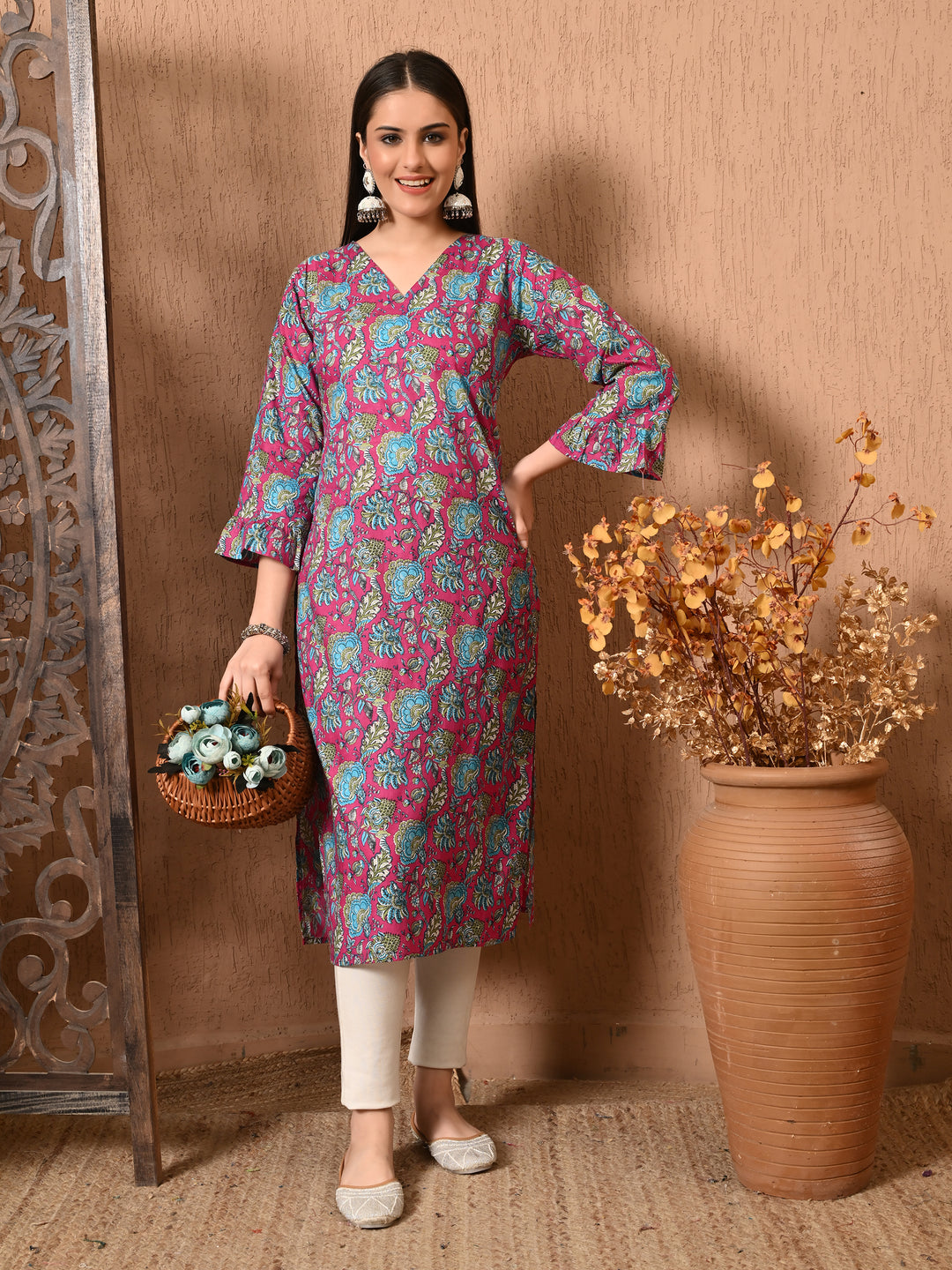 Pink Floral print Cotton Kurta