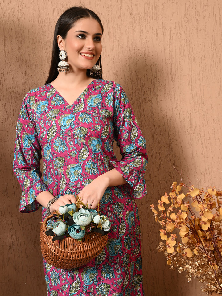 Pink Floral print Cotton Kurta