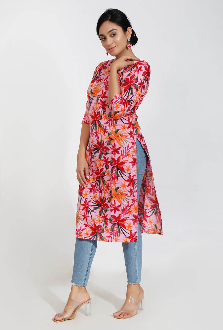 Orange Floral Print Cotton Kurta