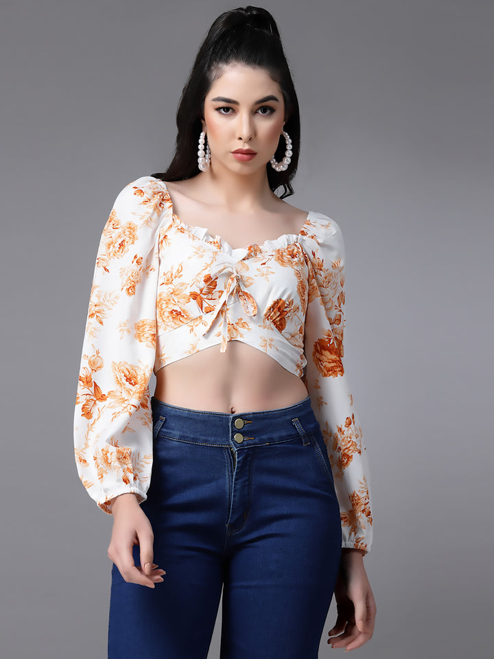 Cream Floral Fitted Ruffeled Neck Crop top