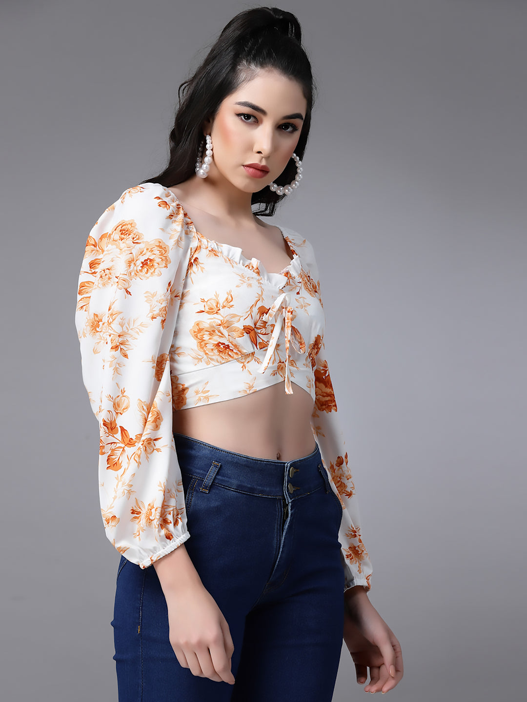 Cream Floral Fitted Ruffeled Neck Crop top
