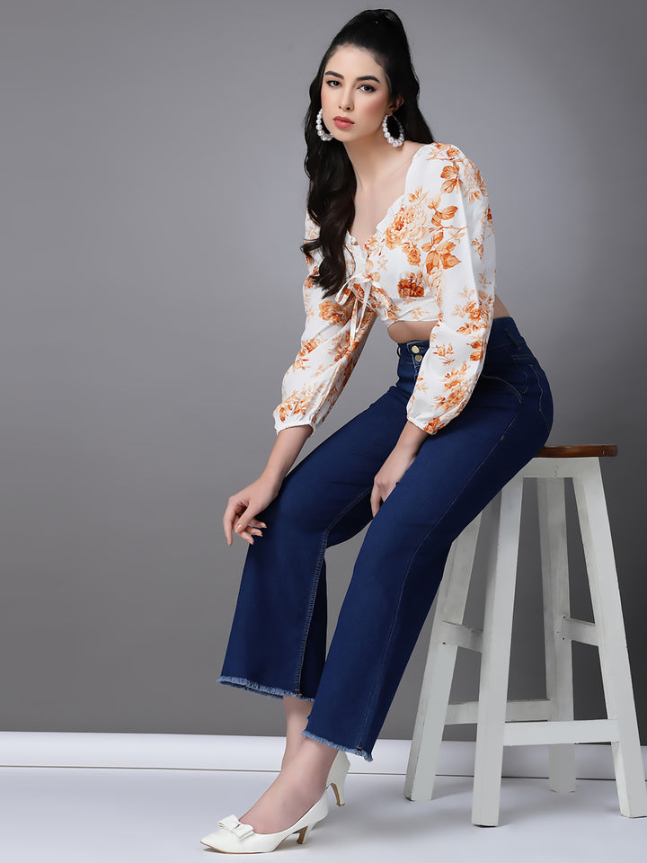 Cream Floral Fitted Ruffeled Neck Crop top