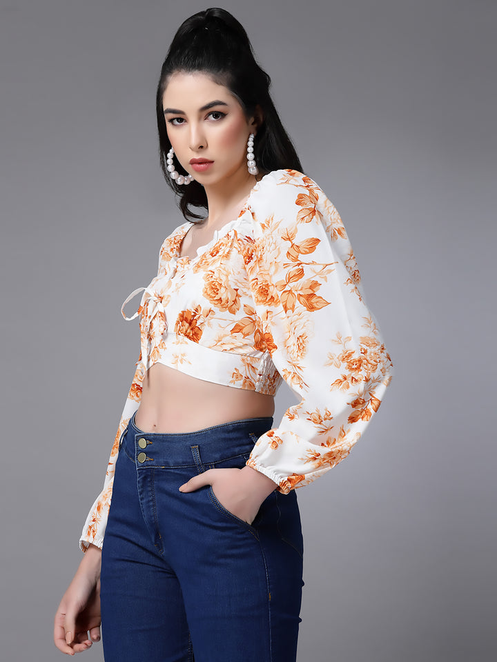 Cream Floral Fitted Ruffeled Neck Crop top