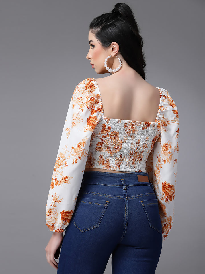 Cream Floral Fitted Ruffeled Neck Crop top