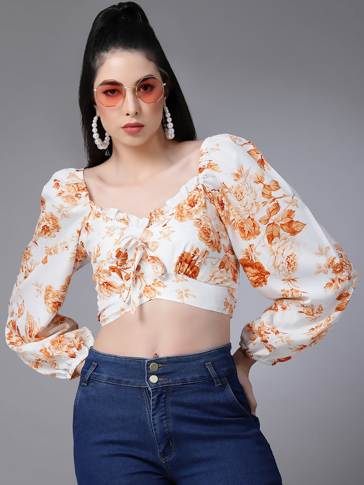 Cream Floral Fitted Ruffeled Neck Crop top