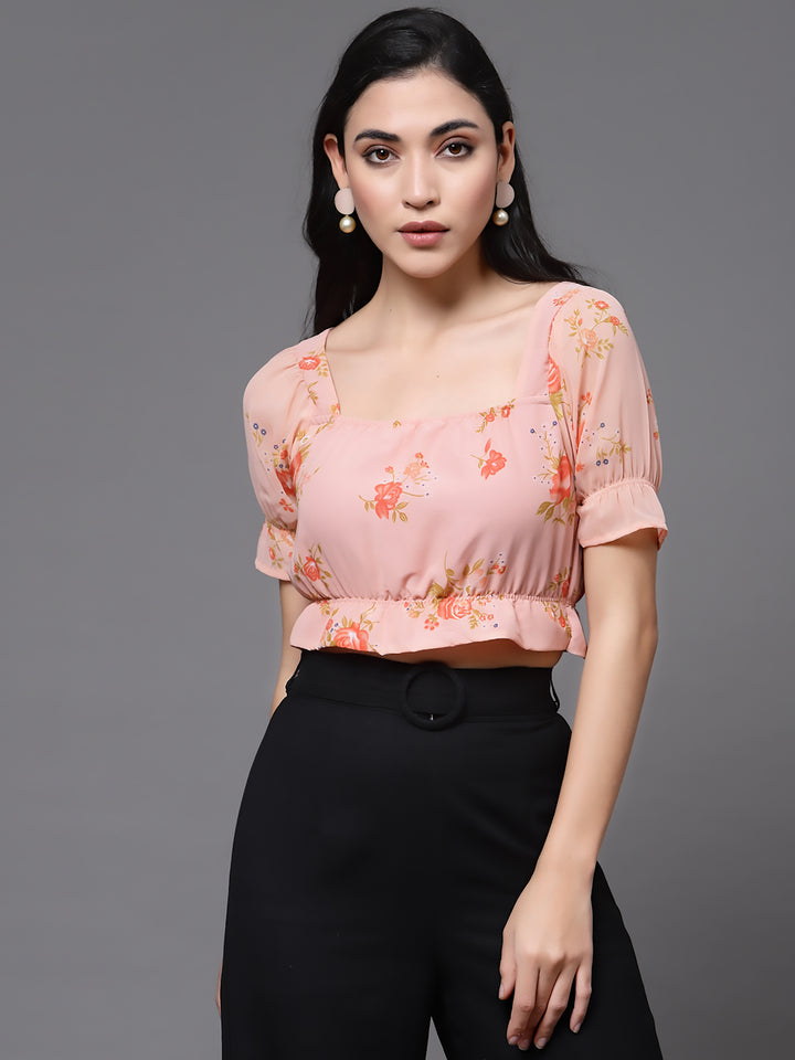 Peach Floral Puff Sleeves Blouson Crop Top